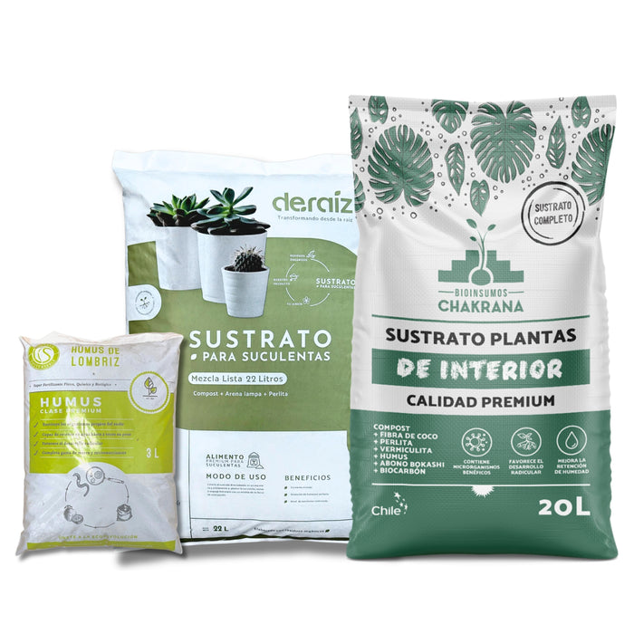 Pack Sustratos Interior: Sustrato Plantas Interior + Sustrato Suculentas + Humus de lombrices