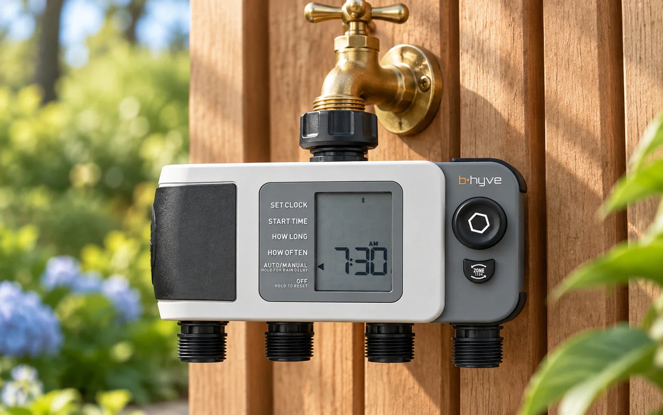 Programadores a Llave: programador Orbit B-Hyve de cuatro zonas instalado en un grifo de jardín