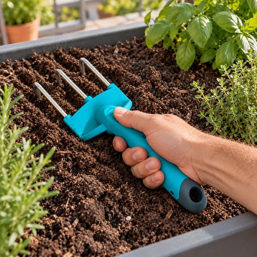 Tridente Chrome Cyrus Company en uso para remover tierra de una jardinera.
