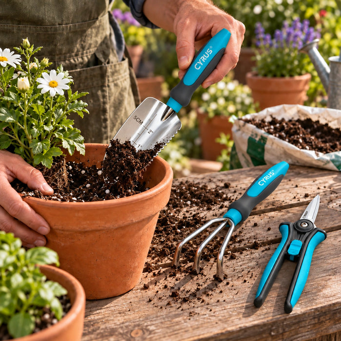 Kit de jardinería Inoxi de 3 herramientas Cyrus — producto en uso