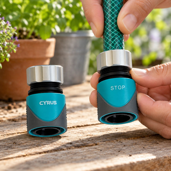 Kit de conectores rápidos para manguera 1/2" Cyrus — producto en uso