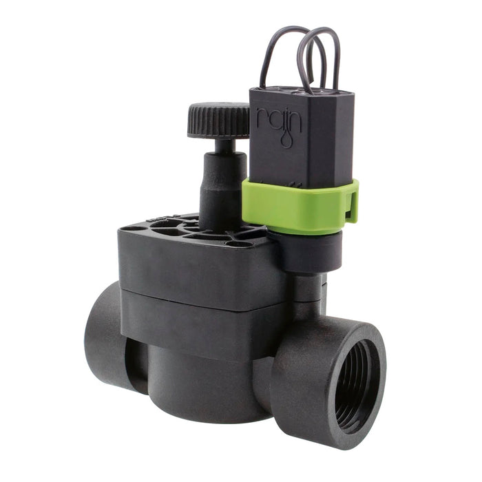 Electroválvula de riego Rain RN 154 de 1 pulgada hembra 9 Vcc con control de caudal, vista lateral
