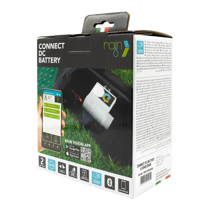 Programador de riego autónomo Rain Connect DC de 4 estaciones, tercera vista lateral
