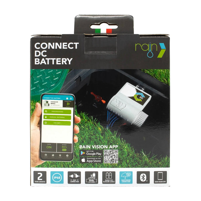 Programador de riego autónomo Rain Connect DC de 4 estaciones, vista posterior