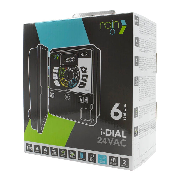 Programador de riego Rain I-Dial de 6 estaciones para exterior, vista lateral