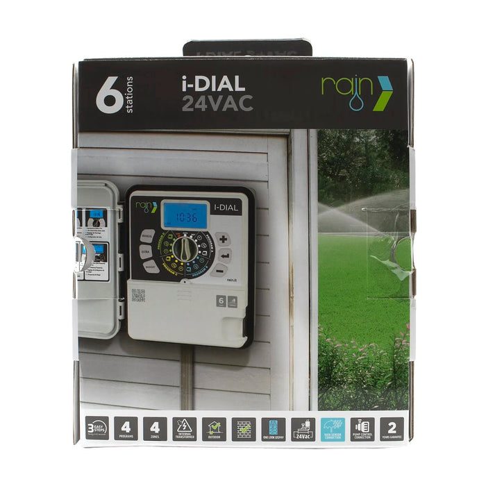 Programador de riego Rain I-Dial de 6 estaciones para exterior, vista posterior