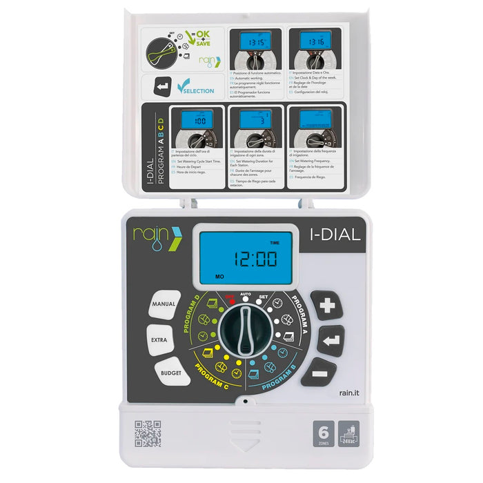 Programador de riego Rain I-Dial de 6 estaciones para uso interior, vista frontal