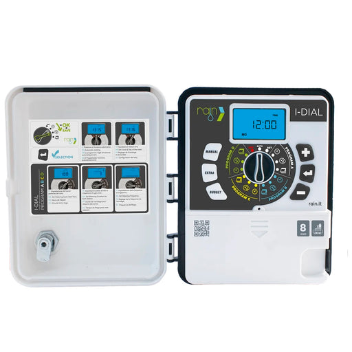 Programador de riego Rain I-Dial de 8 estaciones para exterior, vista frontal