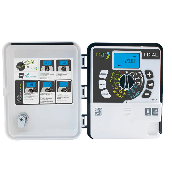 Programador de riego Rain I-Dial de 8 estaciones para exterior, vista frontal