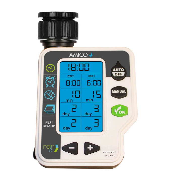 Programador de riego para llave Rain Amico+ de 2 zonas, vista frontal