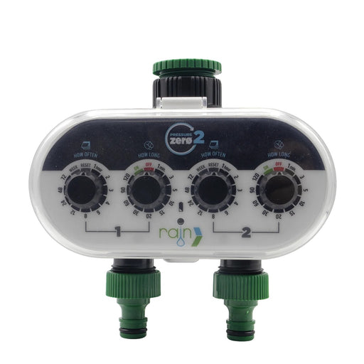 Programador de riego para llave Rain Zero de 2 salidas sin presión mínima, vista frontal