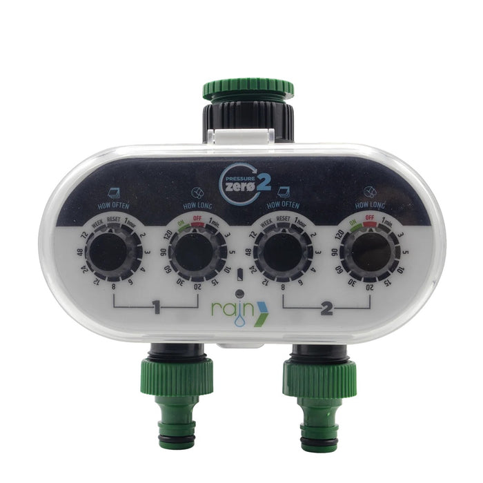 Programador de riego para llave Rain Zero de 2 salidas sin presión mínima, vista frontal